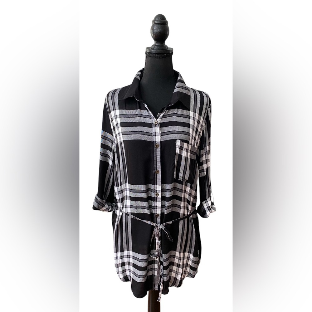 Faded Glory: Black and White Flannel Button Down Shirt Dress